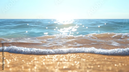 Serene ocean waves gently crashing onto a sandy beach with the sun shining brightly, creating a peaceful and calming seaside atmosphere.