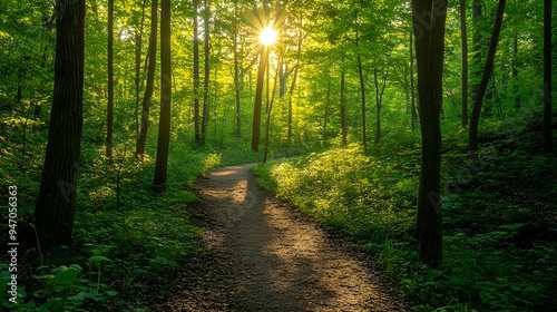 A serene hiking trail winding through a lush green forest with dappled sunlight filtering through the leaves