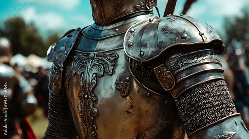 A detailed close-up of a soldier's vintage armor during a historical reenactment, showcasing intricate designs