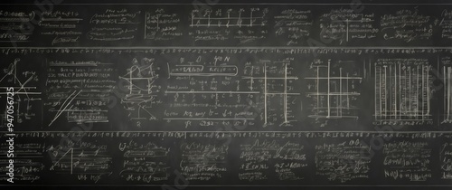 A Blackboard Filled with White Chalkboard Equations and Diagrams