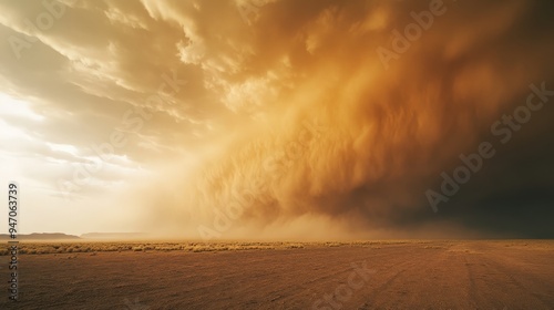 Massive dust storm approaching the barren desert landscape under a dramatic golden sky, highlighting the power of nature and extreme weather conditions.