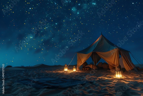 Camping in the deserts of Saudi Arabia, soft golden sand and terrain at night, a traditional Bedouin tent lit with metal lanterns in the middle of the desert.