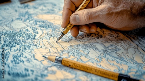 A skilled cartographer drafting a realistic map on a light solid color background, showcasing tools like compasses and rulers