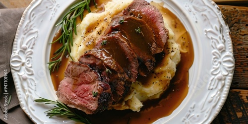 Top view of roast beef covered in demi glace gravy with mashed potatoes on white plate