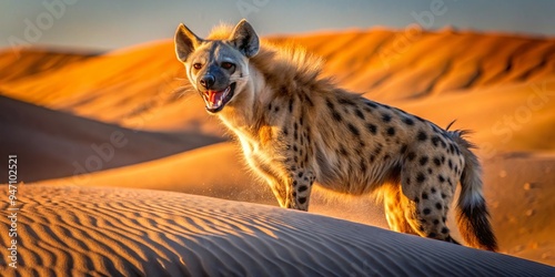 A laughing hyena stands amidst rust-hued dunes, spotty fur aglow in warm sunlight, shadows stretching as it dances with joyful abandon, serenity blending with whimsy.