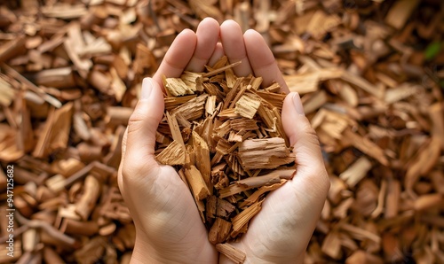 Hands holding wooden chips from eucalyptus trees as fuel for clean energy. 