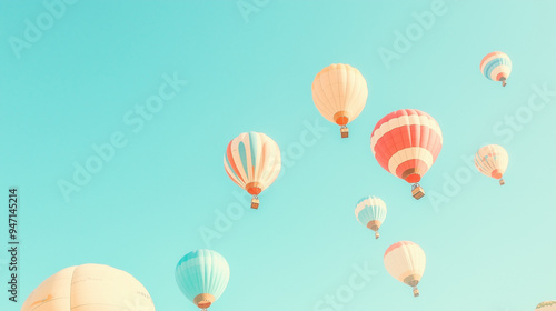 A vibrant scene of multiple hot air balloons ascending in the air