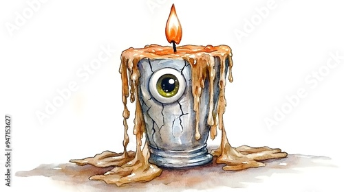 A Cracked Candle Holder Melting Slowly with Googly Eyes Drooping Down the Sides in Watercolor