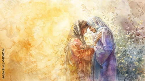 Mary and Elizabeth share a warm embrace, embodying joy and holiness, as their miraculous pregnancies unite them in this beautiful biblical moment,biblical motifs, watercolor, copy space