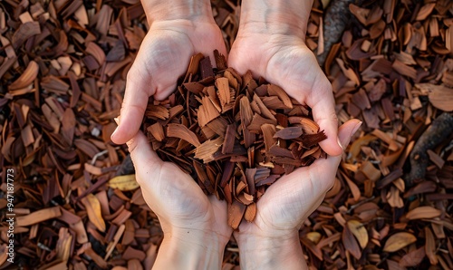 Hands holding wooden chips from eucalyptus trees as fuel for clean energy. 