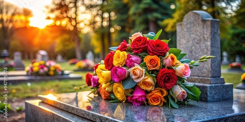 Solemn beauty of a grave adorned with vibrant roses, serene, cemetery, burial, memorial, remembrance, peaceful, tranquil, somber