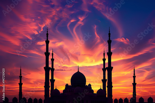 Silhouette of a mosque with a minaret against a colorful sunset sky, representing Islamic culture and architectural beauty