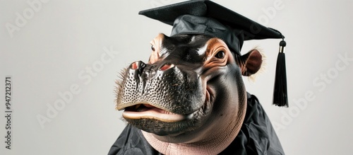 Cute happy hippo in student graduation cap with tassel and gown Wild animal Isolated character on transparent background