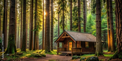 Cozy cabin nestled in the forest surrounded by tall trees, woods, nature, cabin, house, solitude, peaceful, tranquil