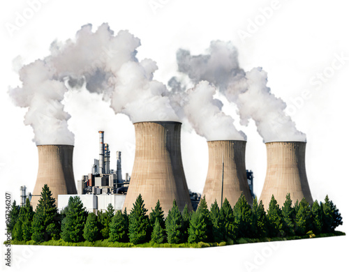 a modern industrial power plant with multiple cooling towers emitting steam, surrounded by greenery, on a transparent background