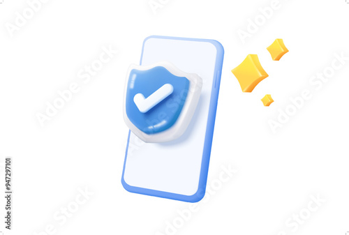 3D mobile phone with shield security icon for online shopping, online payment with protection. Application safety using a smartphone concept. 3d mobile phone safety vector icon render illustration