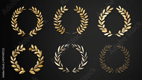 A set of elegant gold and black laurel wreaths, ideal for use as logo templates or decorative elements in various designs. These laurel wreaths exude a sense of prestige and sophistication.