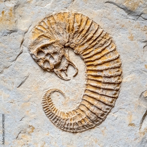 Close-up of Spiral Phacopida Fossil from the Cambrian Period on Textured Stone, Showcasing Detailed Fossilization Patterns, Ideal for Educational Displays and Geological Exhibits.