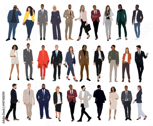 Modern business people bundle. Vector realistic illustrations of diverse multinational standing cartoon men and women in smart casual, formal outfits. Isolated on transparent background. 