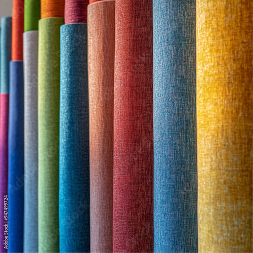 A photograph showcasing large vertically standing rolls of knitted fabric, specifically thick materials like three-thread or two-thread knit. The rolls are neatly arranged