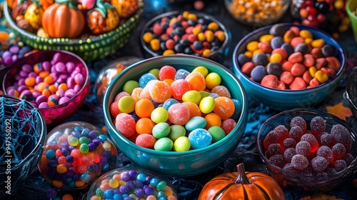 A close-up view of assorted Halloween candies in vibrant bowls surrounded by spooky decorations for a festive display