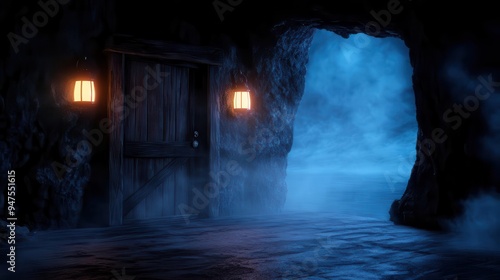 A mysterious cave entrance illuminated by lanterns, shrouded in blue mist, creating a hauntingly atmospheric scene.