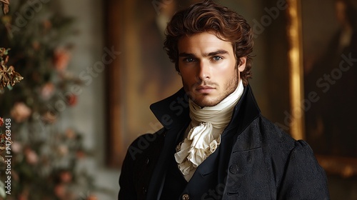 Regency gentleman in formal attire with a stern gaze