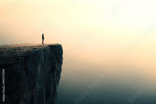 Person standing on cliff edge in misty landscape