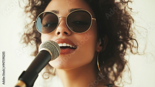 Curly Young Woman in Sunglasses Singing with Microphone