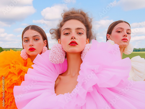 Three fashion models dressed in vibrant ruffled dresses pose confidently in an open field under a clear sky. Bold and colorful high-fashion editorial shot.