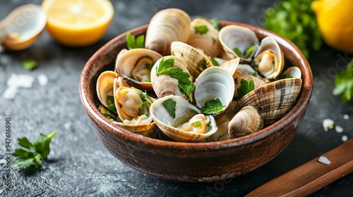 Delicious Steamed Clams in White Wine Garlic Sauce - Top View of Gourmet Seafood Dish in Ceramic Bowl