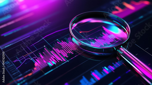 Optymalizacja SEO i analiza danych zilustrowana poprzez wykresy, diagramy oraz lupę, na ekranie w odcieniach ultrafioletu i neonów. 