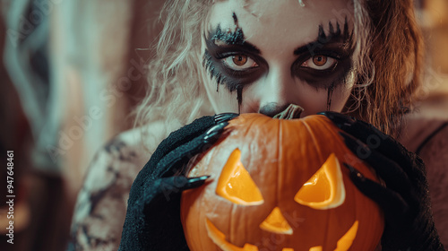 Halloween - portret brązowookiej dziewczyny w mrocznym kostiumie i makijażu, trzymającej dynię -lampion.