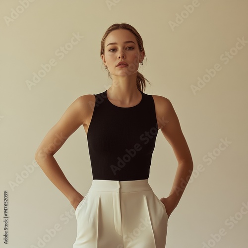 A woman showcases her poise and fashion sense dressed in a sleek black top and tailored white trousers Her serene expression and posture reflect sophistication in a simple elegant setting