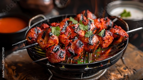 A metal serve stuffed with spears holding tandoori tikka