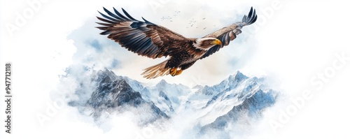 a majestic eagle soaring high above rugged mountains under clear skies.