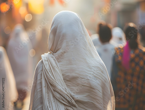 Worshipper walking in religious procession, surrounded by followers, dressed in ceremonial attire and headdress.