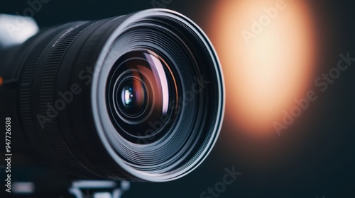 Close-up of a camera lens with a soft light background, emphasizing its intricate design and optical capabilities.