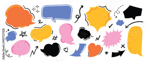 Set of doodle and speech bubble vector. Collection of contemporary figure, speech bubble, arrow in funky groovy style. Chat design element perfect for banner, print, sticker, cartoon.