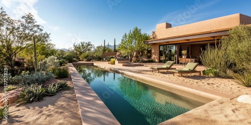 Modern desert home with pool and lounge chairs.