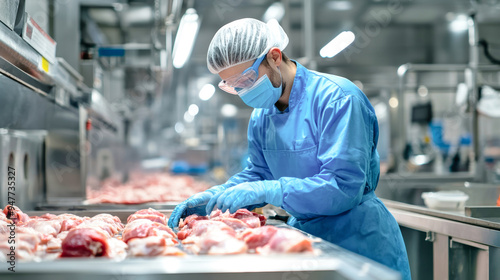 A dedicated worker in blue gear skillfully prepares chicken meat on a busy processing line, showcasing the raw intricacies of food production