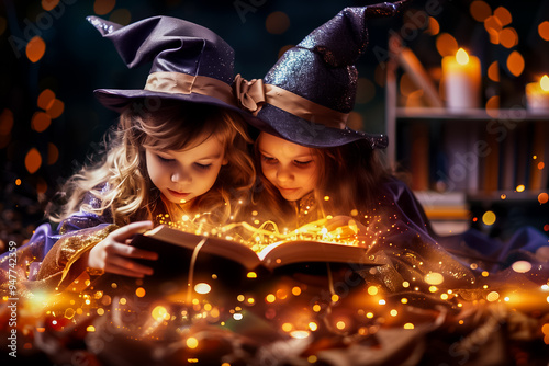 In a dimly lit setting, two children dressed in witch costumes intently read a glowing book, surrounded by bright, sparkling lights and a whimsical ambiance