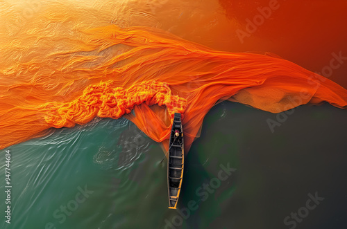 Photographie aérienne d’un bateau naviguant à travers des eaux colorées par ses filets de pêche, mélange de tons orange et vert, Pêche traditionnelle en asie