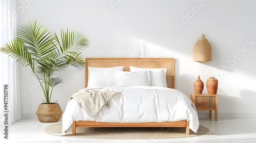 A cozy bedroom with a boho-style bedspread, Mediterranean pottery, and wicker accents. Minimalist Art Media realistic