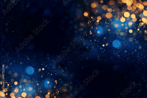 Bokeh lumineux de points dorés et bleus sur un fond sombre, créant une ambiance festive et élégante - guirlandes de noël, sapin de noël, fête de fin d'année espace négatif copyspace