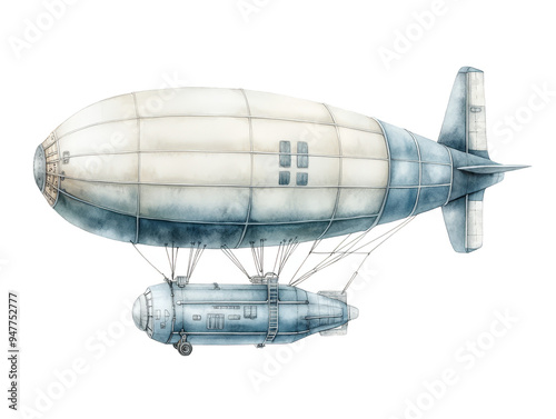 Vintage Watercolor Illustration of an Airship with Gondola