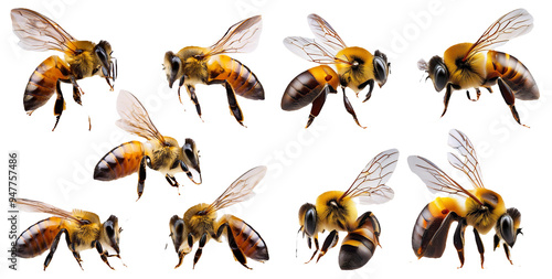 Collection of realistic bees in different flying positions isolated on transparent background