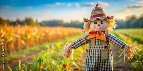 Whimsical scarecrow doll guard standing in the fields