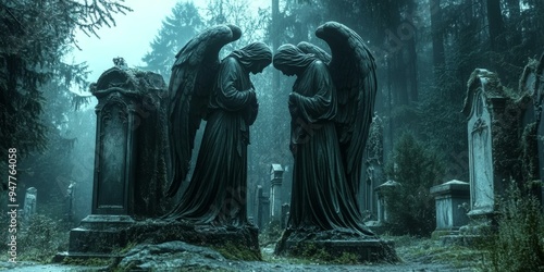 Two angel statues in a foggy cemetery.