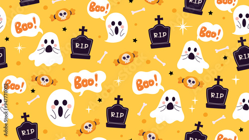 Cute happy halloween seamless pattern background vector. Colorful doodle design for wallpaper, kids fabric and print. Vector illustration.